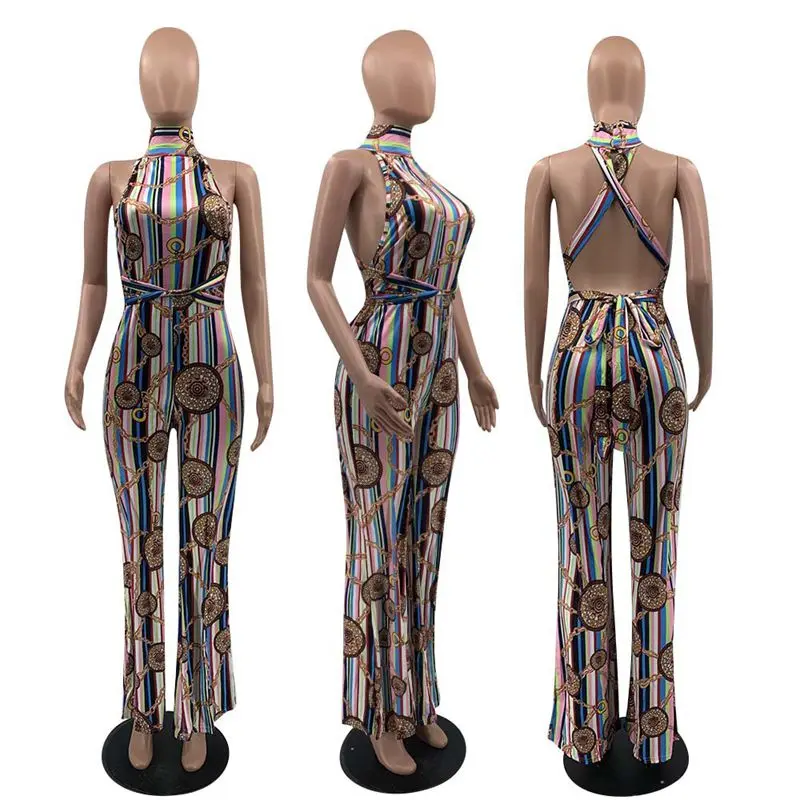 

Spring Summer Clothing Sexy Halter Print Jumpsuit Women Wide leg pants Clubwear One Piece Outfits Has a belt Y2k Wholesale
