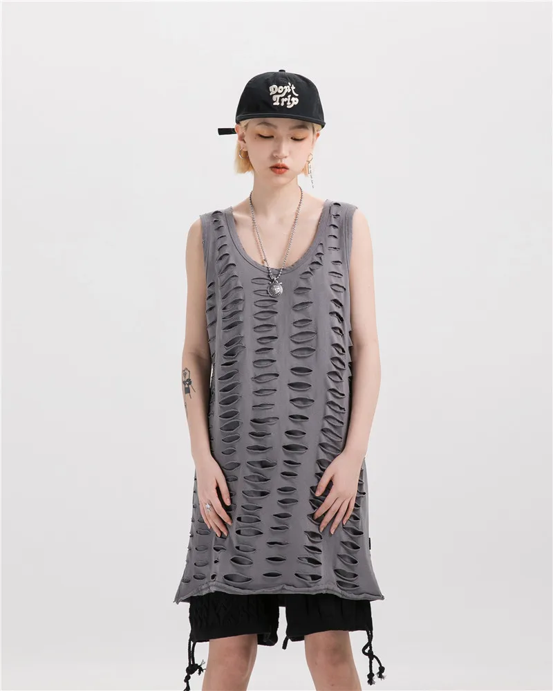

High Street Irregular Ripped Holes Vests Men Hip Hop Loose Streetwear Harajuku Vests Designer Sleeveless Cotton Vest Tops Tees