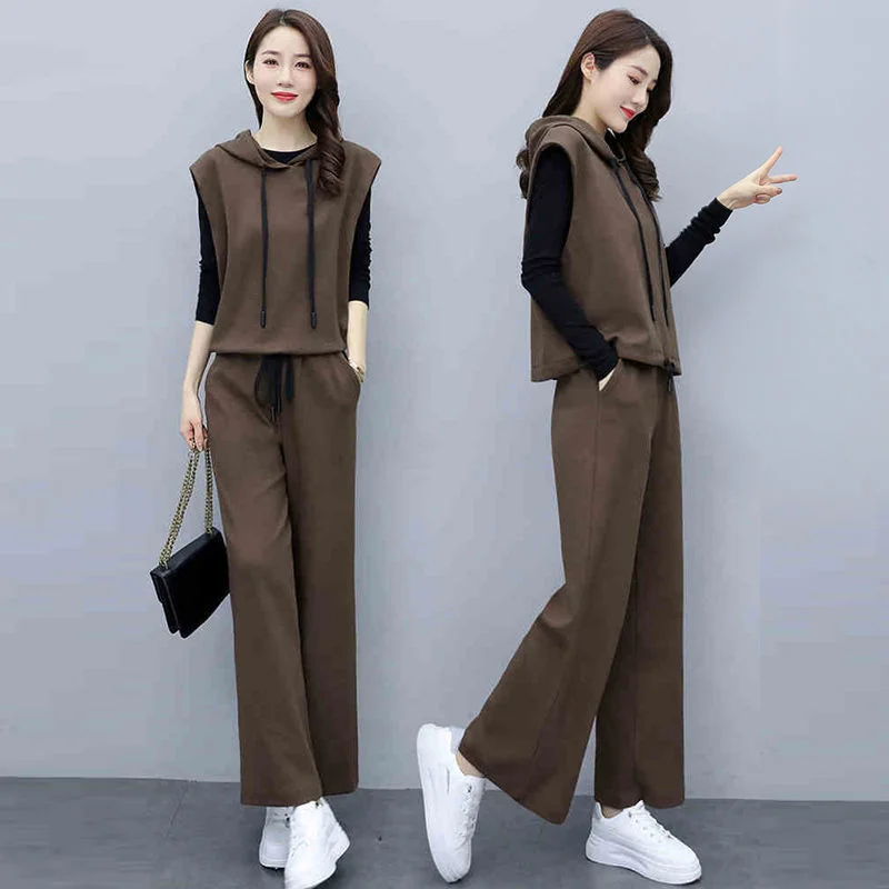 

Women's Outfits 2021 Spring Autumn New Crop Top Slim Wide Leg Pants Waistcoat Casual Three Piece Set Plus Size Clothes For Women