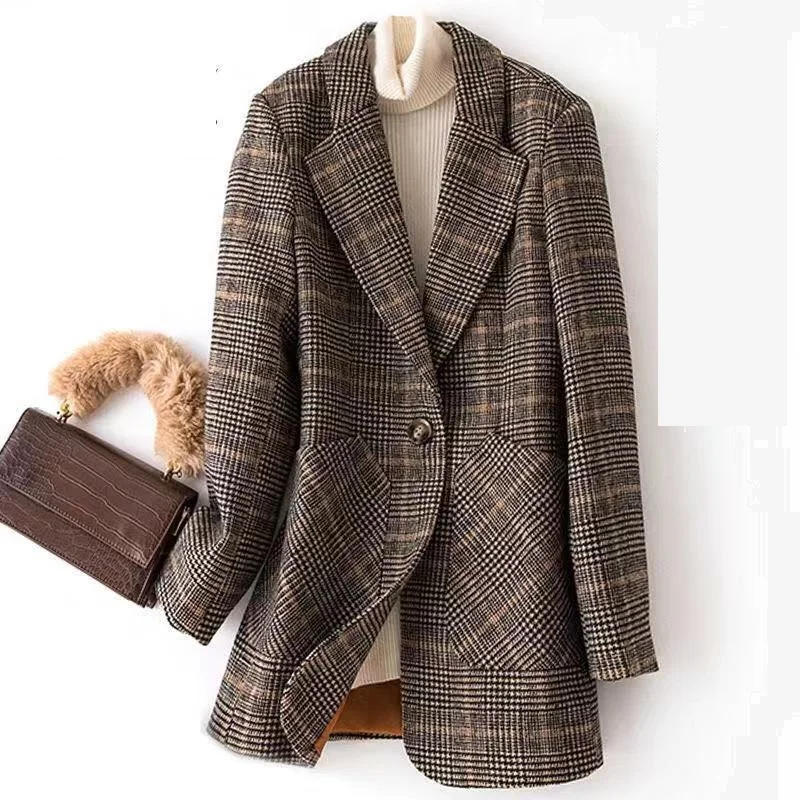 

Vintage Plaid Blazer Jacket Women Spring Autumn Korean Fashion Slim Coat Plus size Single button Female Office Suit Casual Tops