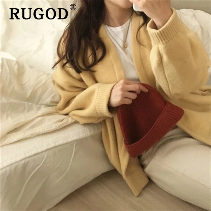 RUGOD корейский шикарный однотонный кардиган свитер элегантный длинный рукав осень-зима теплый толстый уличная одежда пальто свитер Харадзюку