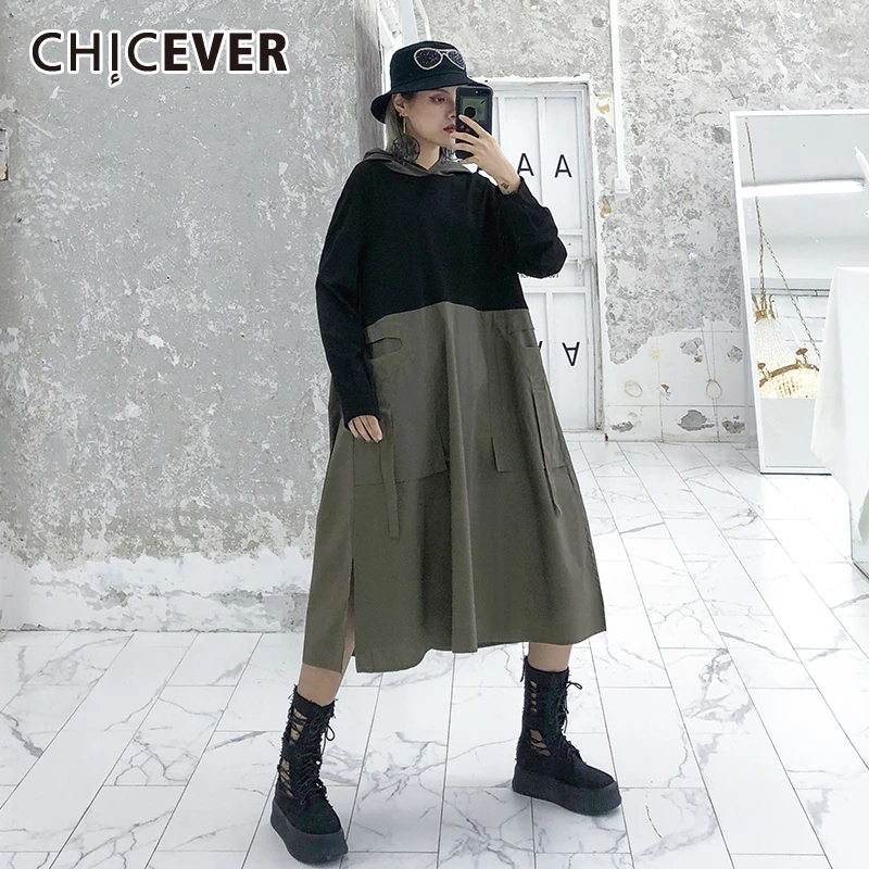 CHICEVER Осенняя Лоскутная Женская толстовка с капюшоном и воротником разрезом