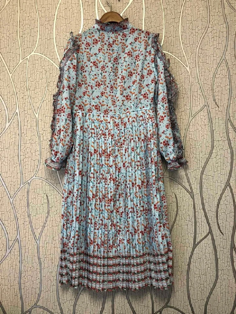 

2020 Spring Hot Sale Dress High Quality Women Ruffled Collar Little Elegant Flower Prints Long Sleeve Mid-Calf Pleated Dress XL