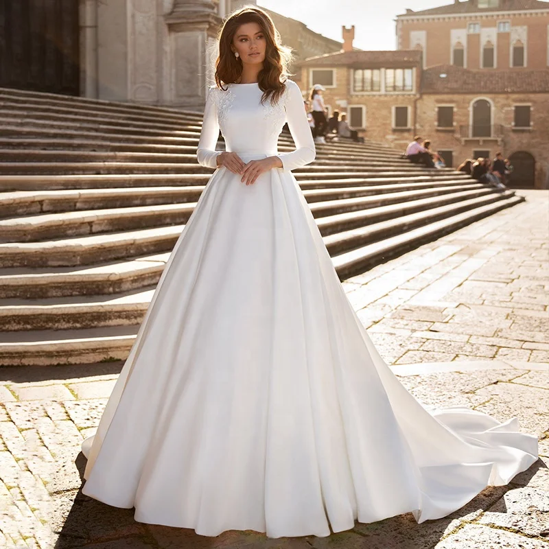 2020 Simple Satin Wedding Gowns Long Sleeve Bridal Dress A Line Bateau Neck Vintage Bride Dresses Custom Made Vestido de noiva | Свадьбы и