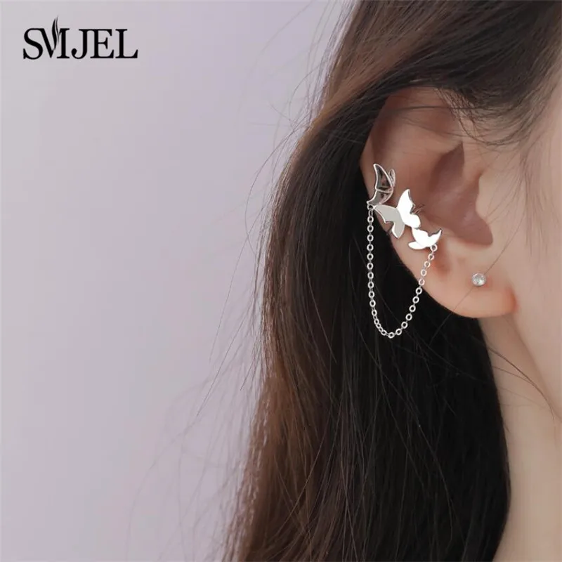 

Three Butterfly Earrings Silver Color Jewelry Women Fashion Statement Butterfly Earring Piercing Ear Clip Link Chain Studs 2021