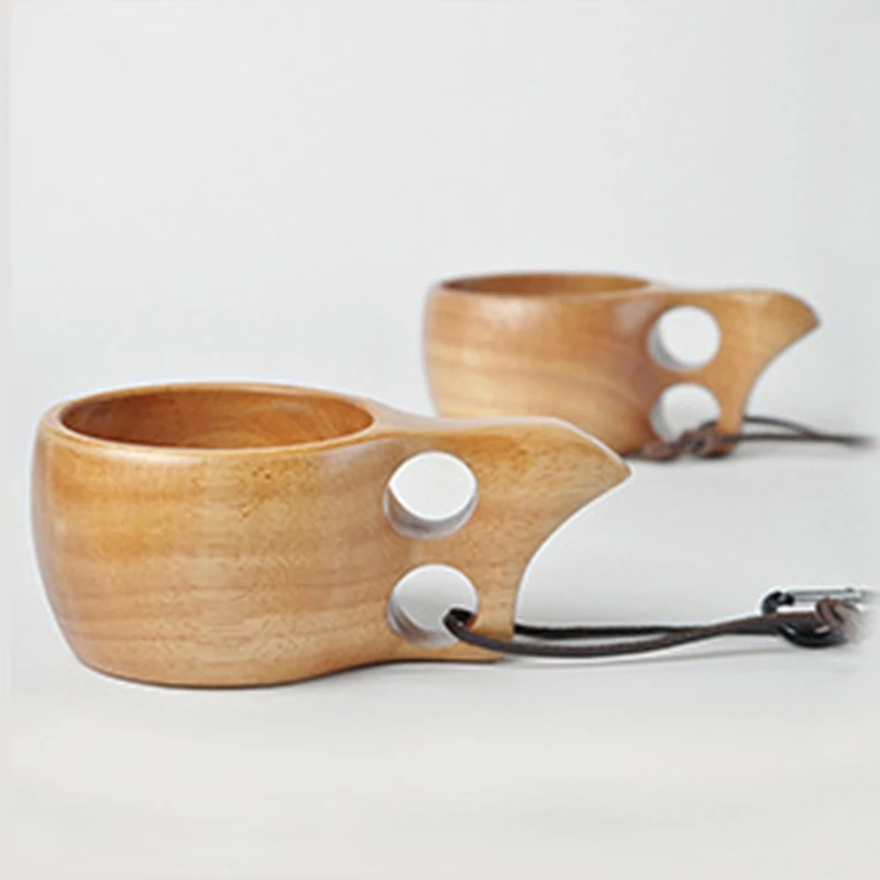 

Portable Oak Wooden Cup Tea Coffee Mug with Handle Two Hole Cowhide Rope Hook Juice Milk Water Bottle