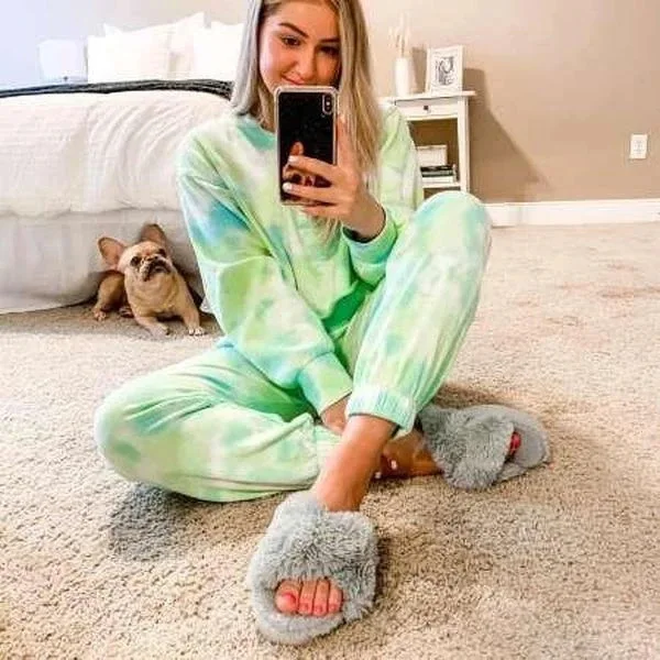 

Autumn 2 Piece Set Women Tie Dye Print Light Green Casual Long Sleeve T shirt+Pants Women's Two Piece Elegant Outfits Streetwear
