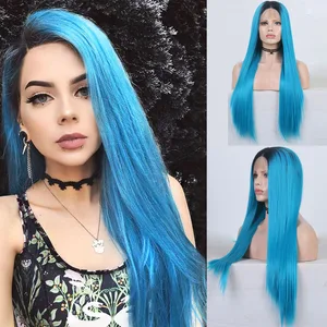 RONGDUOYI Ombre Blue Silky Straight Wigs Synthetic Lace Front Wig Heat Resistant Short Root Hair Glueless Cosplay Wigs For Women RONGDUOYI Ombre Blue Silky Straight Wigs Synthetic Lace Front Wig Heat Resistant Short Root Hair Glueless Cosplay Wigs For Women