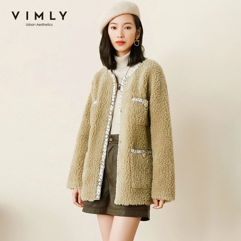 

Vimly Faux Fur Coat Women Fashion Single Breasted O Neck Pockets Winter Jackets Office Lady Outdoor Outwear Female Tops F3659