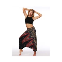 feecolor womens harem hippie pants baggy boho patterned high waist smocked crotch wide leg trousers for summer beach