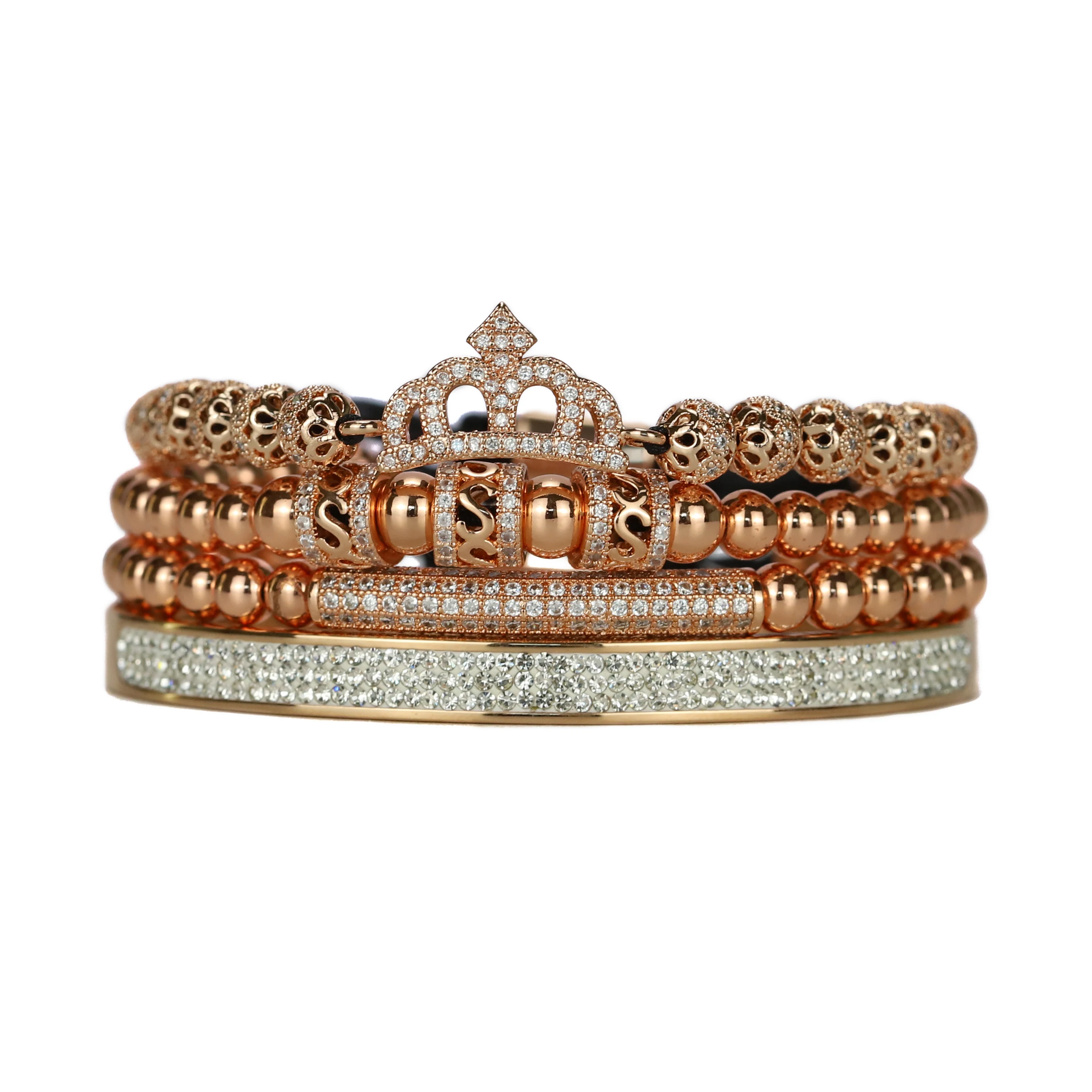 

4pcs/set queen crown colorfast stainless steel beads bracelet set cz charms iced out bracelets & bangles for women jewelry