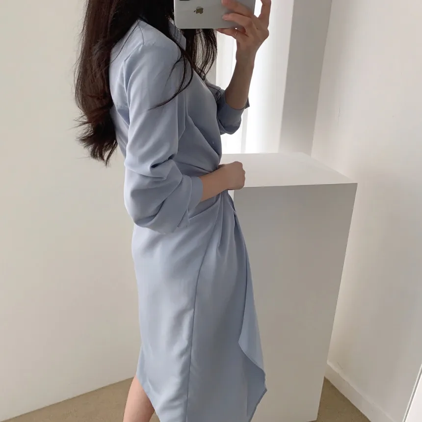 

2021 Summer Casual Irregular Mid-Length Shirt Dresses for Women Temperament Slim Waist Turn-down Collar Long Sleeve Dress Female