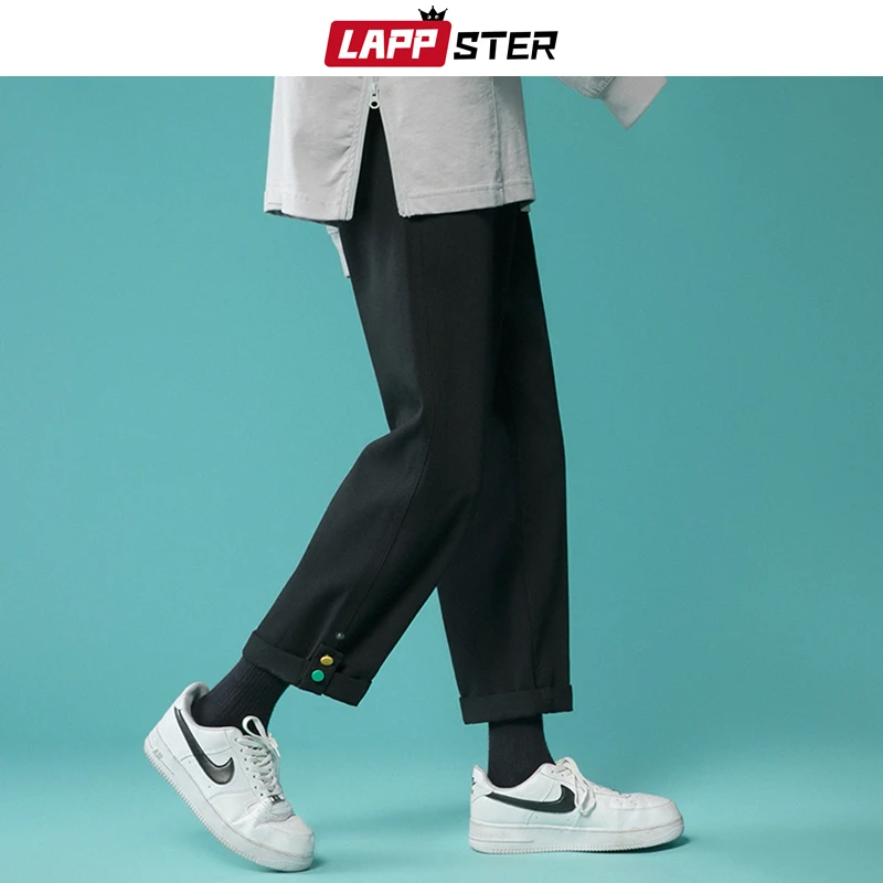 

LAPPSTER Men Harajuku Button Cuffs Solid Harem Pants 2022 Spring Mens Korean Fashions Casual Cargo Joggers Male Black Trousers
