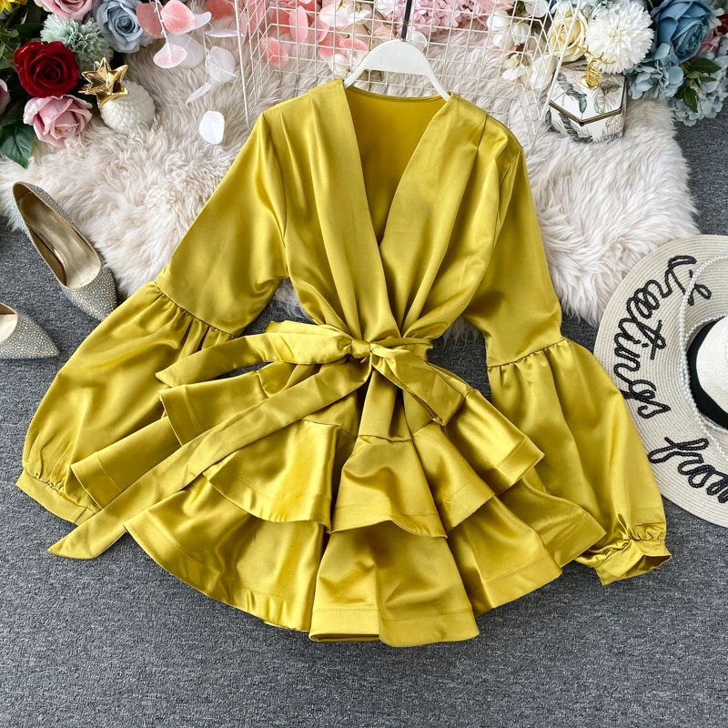 Женское однотонное платье Amolapha с V образным вырезом рукавами фонариками и