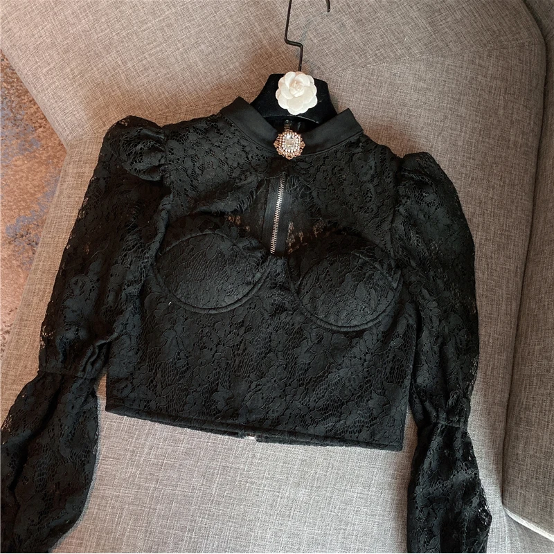 

Newest HIGH QUALITY Fashion 2021 Runway Top Women's Half High Collar Rhinestone Short Lace Blouse