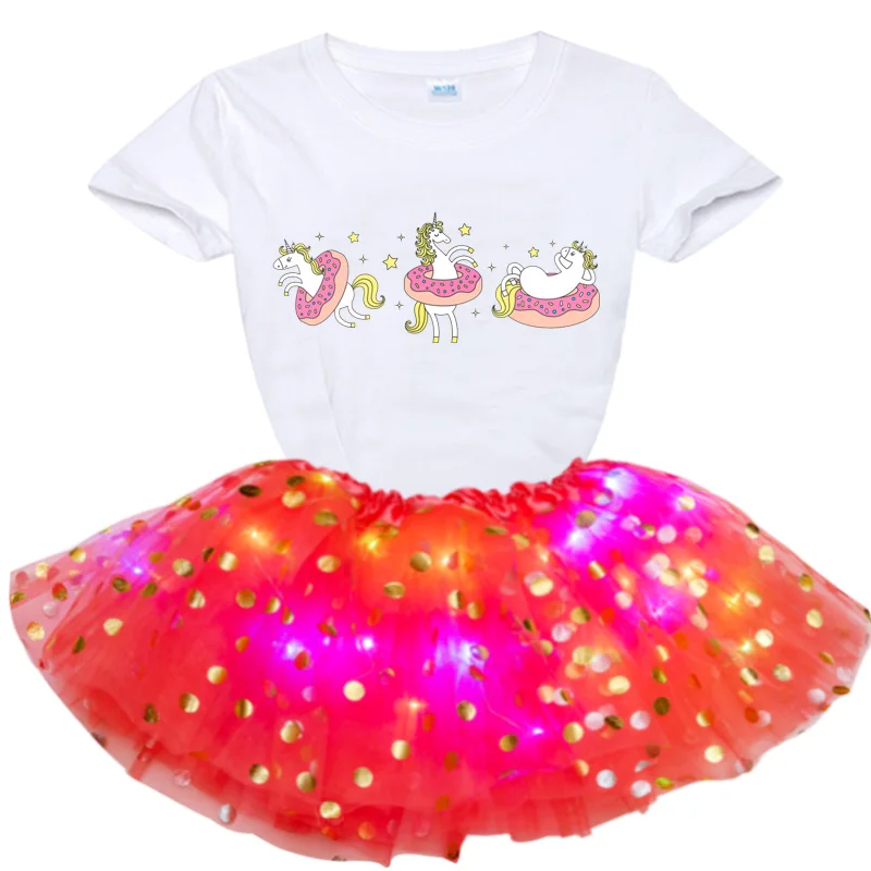 Kids Girls Dress Dresses Baptism Kids Baby Girls Birthday Dress Princess Dress Cartoon Print Pony T Shirt+Glowing Skirts Sets