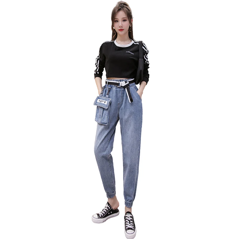 

2021 versatile new spring and autumn high waist elastic jeans big pocket Harlem pants loose and thin father pants female