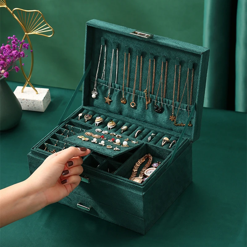 

Jaycas 2021 New 3-layers Jewelry Organizer Large Ring Necklace Makeup Holder Green Stud Cases Velvet Box With Lock For Women