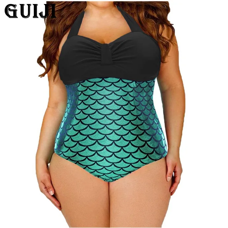 

【GUIJI】Ready Stock 2021 Bikinis Swimsuit Sexy Big Plussize Halter cutout backless mermaid print one-piece swimsuit Free Shipping