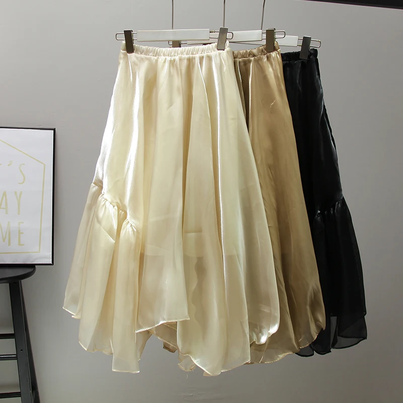 

2022 Spring Fashion Simple Mesh Stitching Irregular High Waist Skirt Female New Pure Color Wild Gloss A-line Skirt