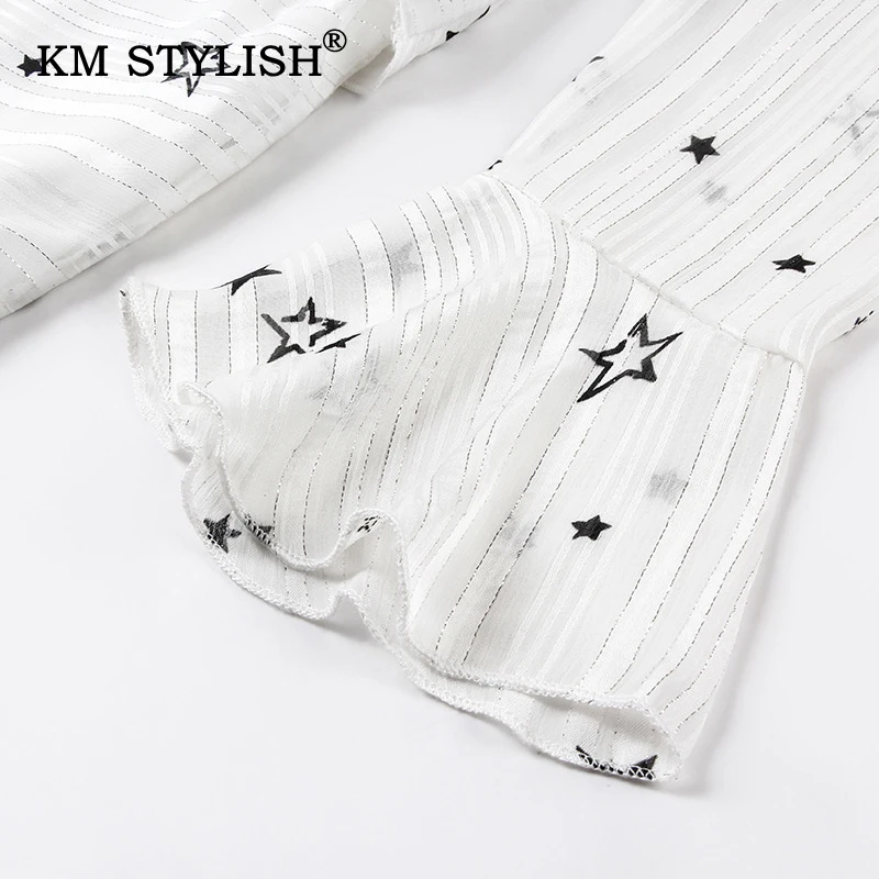 

White Stars Print Women V-neck Long-sleeve Casual Dress Slim Waist Ruffles Flare-sleeve Elegant Dresses