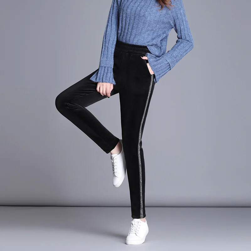 Navy striped Зимние Бархатные теплые леггинсы для женщин; большие размеры 5XL 6XL; велюровые брюки с высокой талией; обтягивающие эластичные повседневные брюки для женщин - Цвет: Navy striped