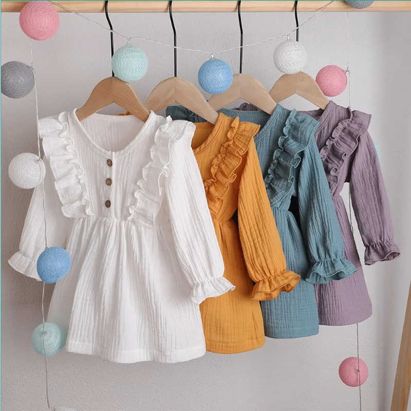 

0-5Y Girl DressToddler Kids Girl Summer Dress Ruffles Long Sleeve Solid Cotton Linen Casual Dress Baby Clothes Dress For Girl