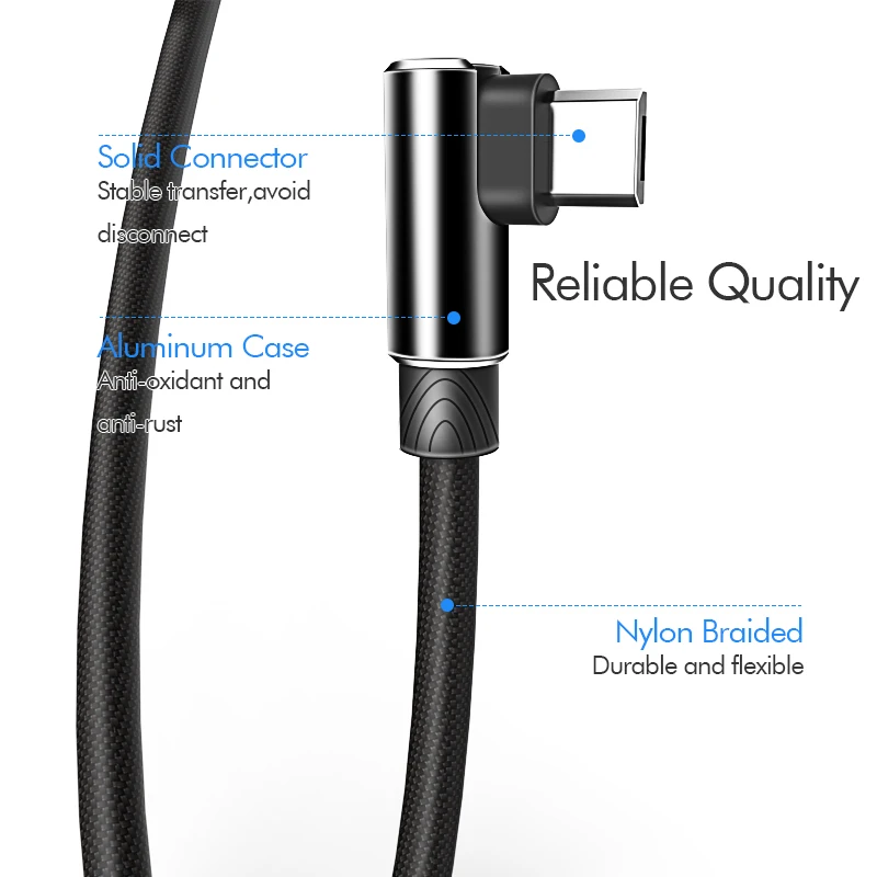 Кабель Micro USB 3A для быстрой зарядки шнур с углом 90 градусов нейлоновый плетеный