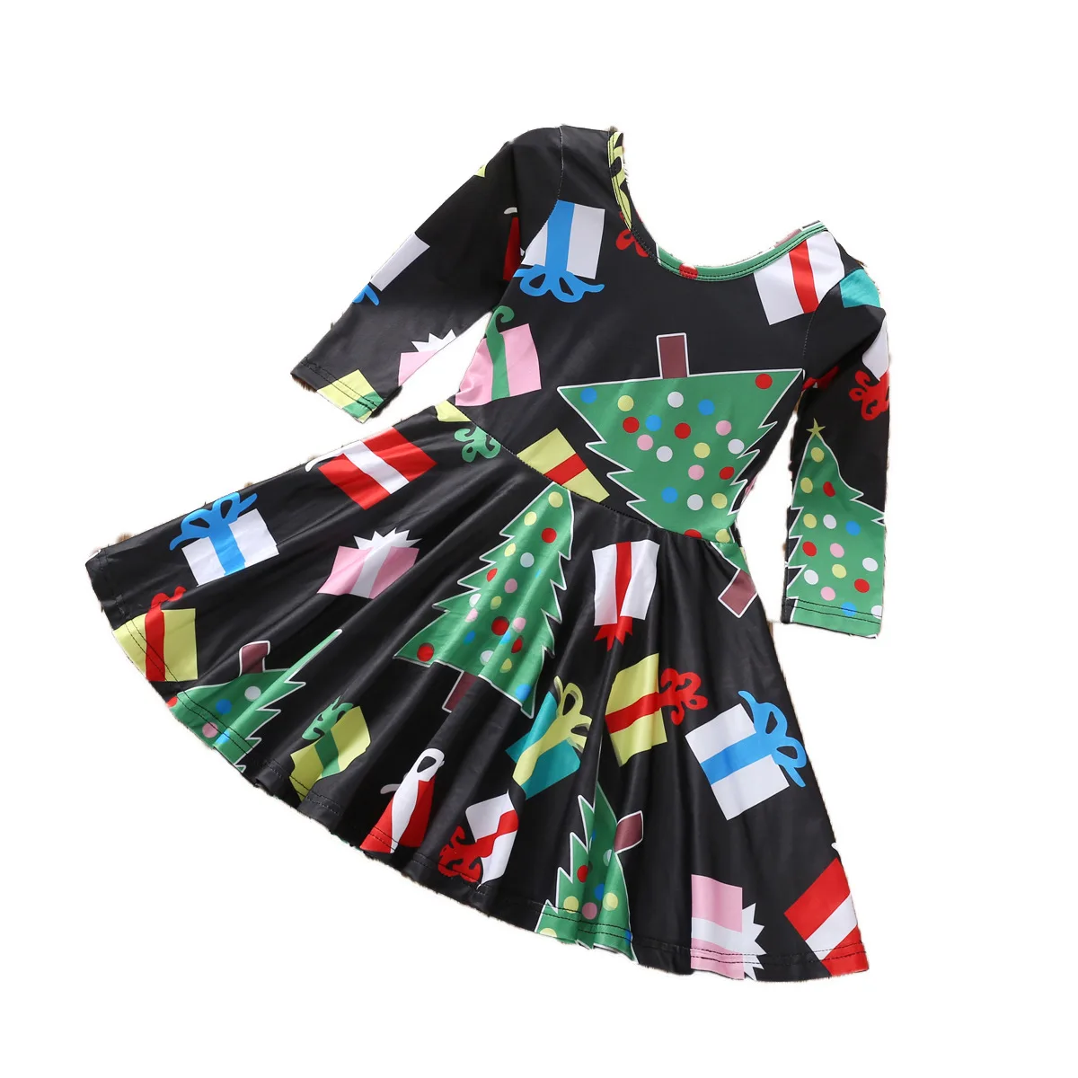 2019 рождественское черное Хлопковое платье с длинными рукавами и рисунком для