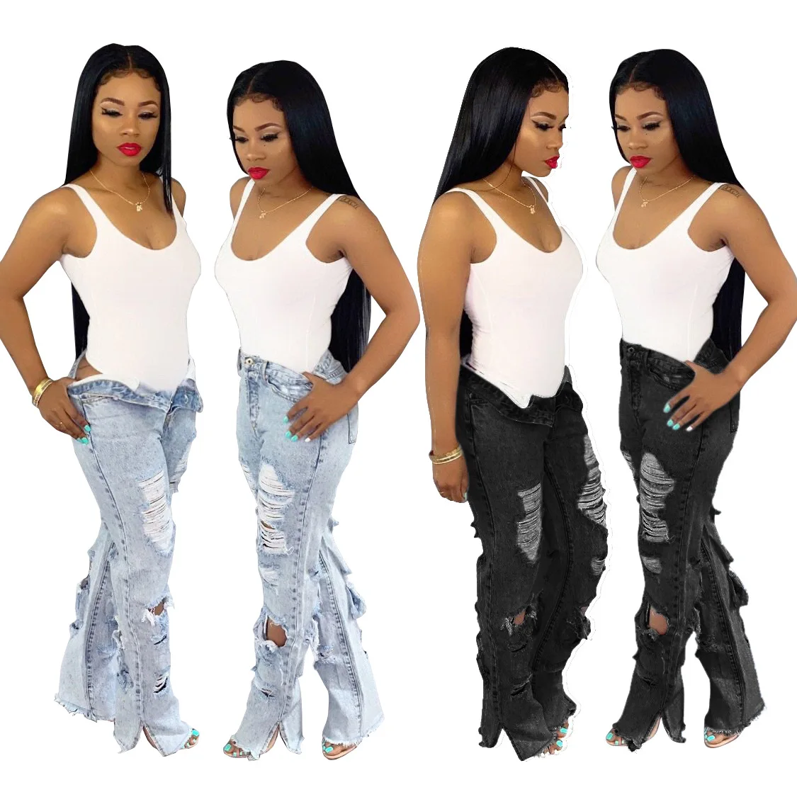 

Fashion personality before and after the hole beggars version no elastic straight tube pants new