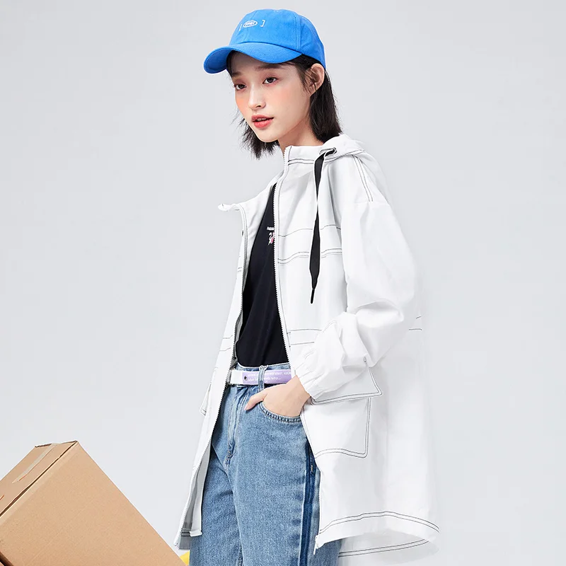 

Windbreaker women spring 2021 new loose and thin mid-length women hooded jacket color long-sleeved top