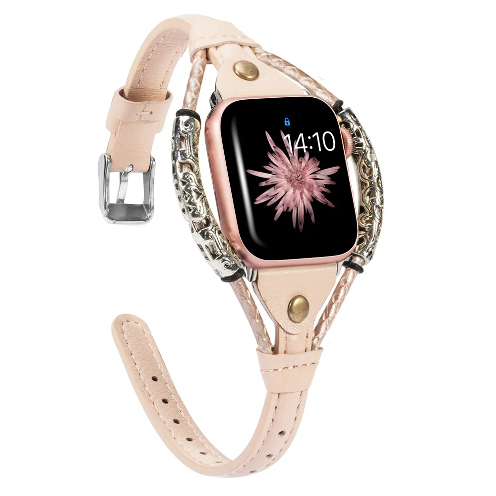 Beige Винтажный кожаный ремешок для Apple Watch Band женский твист полоса ремешок заклепки с металлической веревкой браслет нарядный стильный iwatch серия - Цвет ремешка: Beige