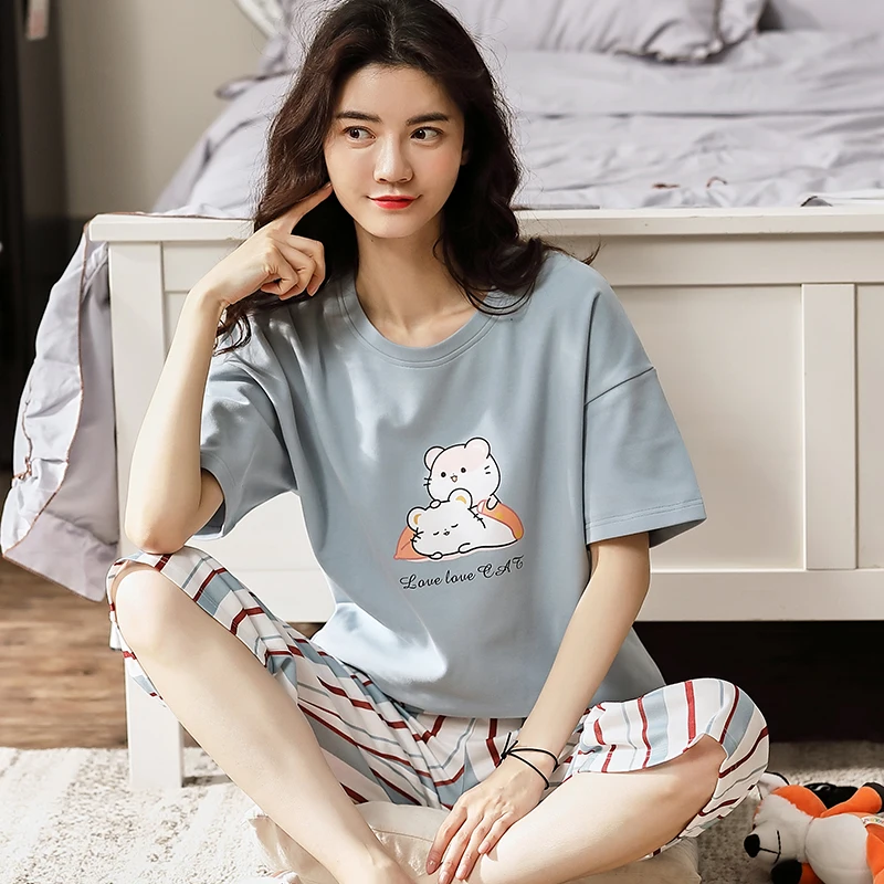 

Cartoon Printed Sleepwear Set Short Sleeve Women Pajamas Set Soft Home Clothes