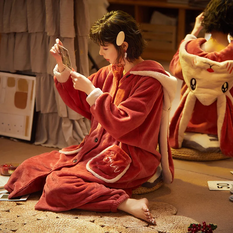 Зимние плотные женские пижамные комплекты с животными одежда для сна теплые