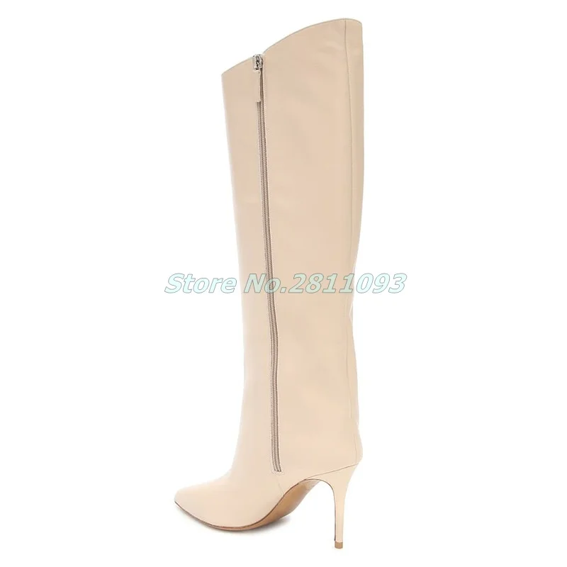 Knee High Women Winter Boots Thin High Heel Sexy Pointed Toe Zipper Dress Shoes Solid Black Beige Custom Made Women Boots