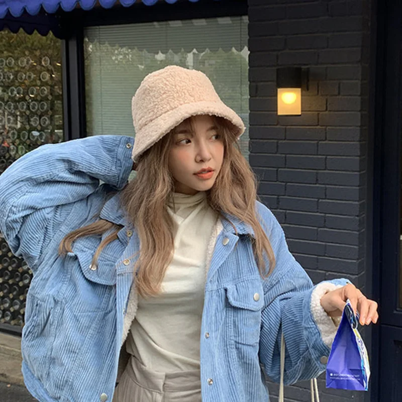 

Women Hat Solid Artificial Fur Warm Female Cap Faux Fur Winter Bucket Hat for Women Outdoor Sunscreen Sun Hat Panama Lady Cap