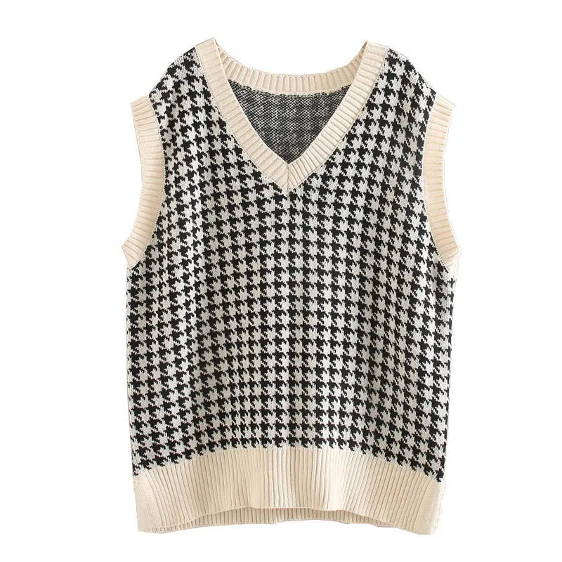 

Women 2020 Fashion Oversized Houndstooth Knitted Vest Sweater Vintage Sleeveless Side Vents Female Waistcoat Chic Tops