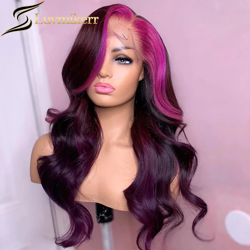 

Body Wave Purple Colored Human Hair Wig Pre Plucked Brazilian Wavy Ombre Highlight Rose Red HD Transparent Lace Front Wigs Women