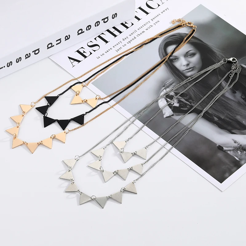 Geometric Triangle Three Layered Necklace Gold Black Link Chain Necklaces For Women Fashion Jewelry Bijoux Femme | Украшения и