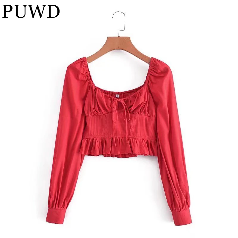 

PUWD Casual Women Solid Long Sleeve Blouses 2021 Summer Fashion Ladies Slim Down Streetwear Shirts Sweet Girls Chic Short Tops