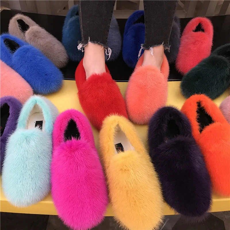

2021 European Fashion Winter Women's Fur Flat Shoes 100% Mink Fur Fluffy Fluffy Flat Shoes Cute Warm Fur Edamame Shoes