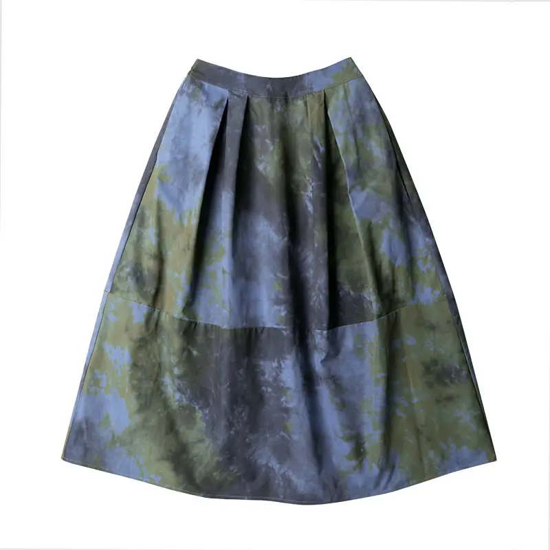 

XITAO New Vintage Print Skirt Summer Fashion Women Pleated Elastic Waist Splicing Casual Loose Temperament All-match WMD0981