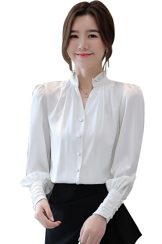 

houthion new chiffon long-sleeved women's blouse Lotus leaf Solid color 2021 Korean tops Loose Comfortable fashion Casual shirt