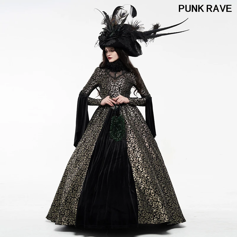 

Victorian Exquisite Removable Fur Collar Jacquard lace party club dress Gothic Palace noble Women Long Dress PUNK RAVE WQ-487LQF