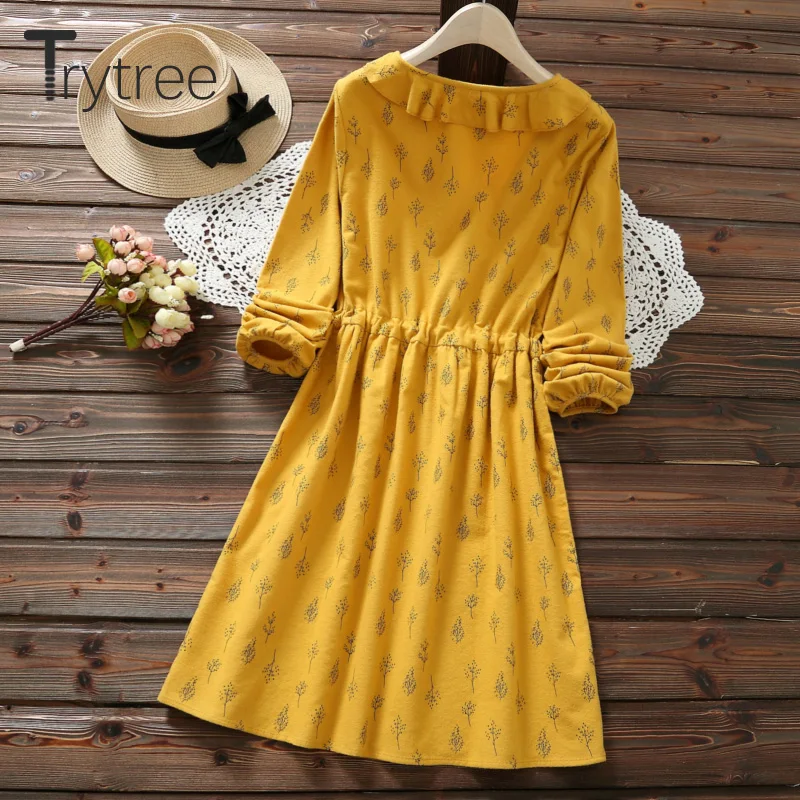 Trytree/осеннее женское платье Повседневное с цветочным принтом гофрированный