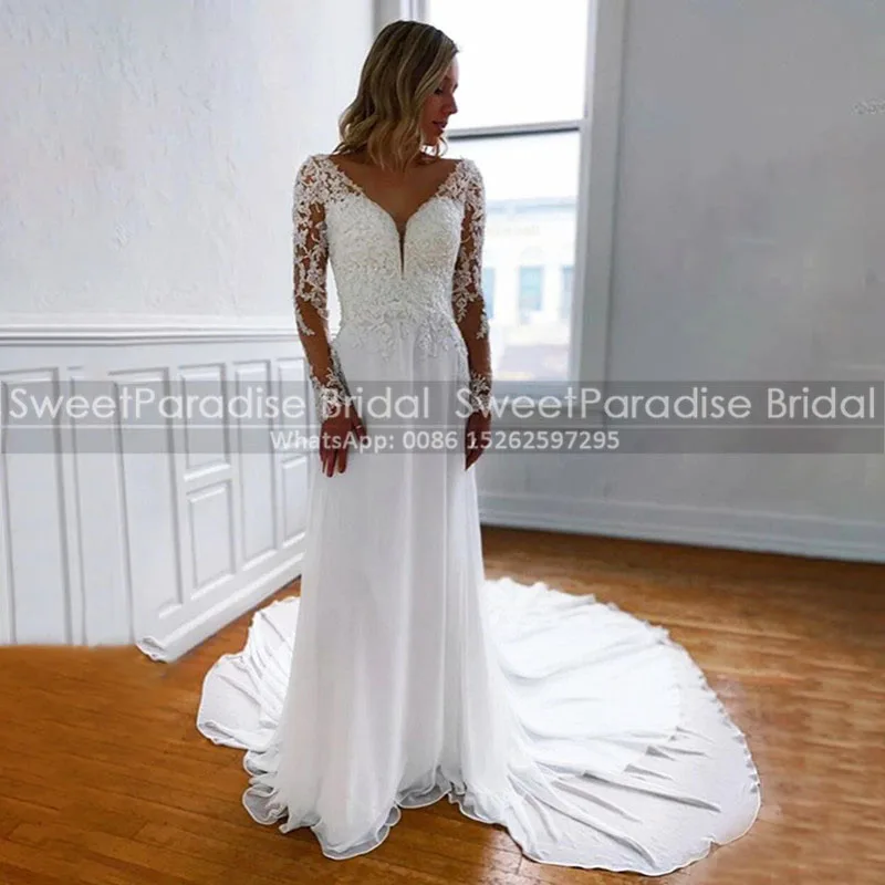 

Luxury Beads Lace Wedding Dress With Long Sleeves 2021 White Chiffon Appliques A Line Court Train Deep V Neck Bridal Dreses