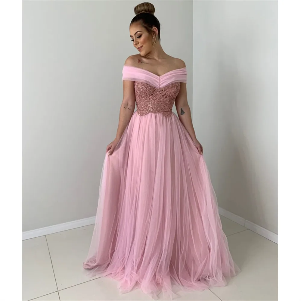 

HONGFUYU Off the Shoulder Tulle Prom Dresses A-line Vestidos de Festa Sleeveless Evening Gowns Womens Party Dress Appliques Lace
