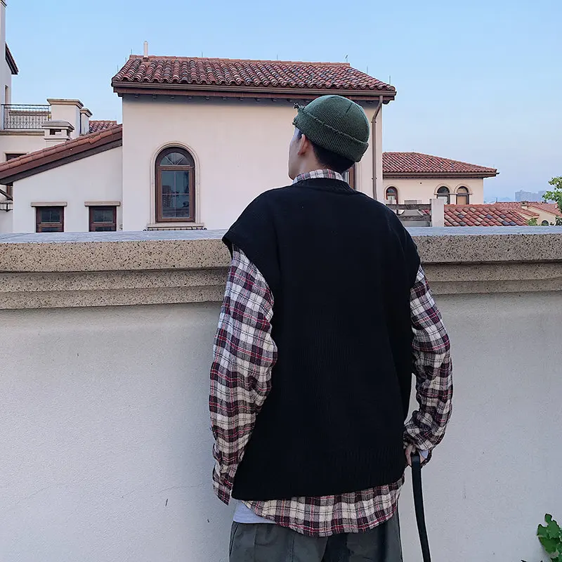 

Hong Kong Style Sweater Vest Men's Ins Sleeveless Sweater Jacket Autumn College Style Waistcoat Waistcoat Hip-hop Outer Wear