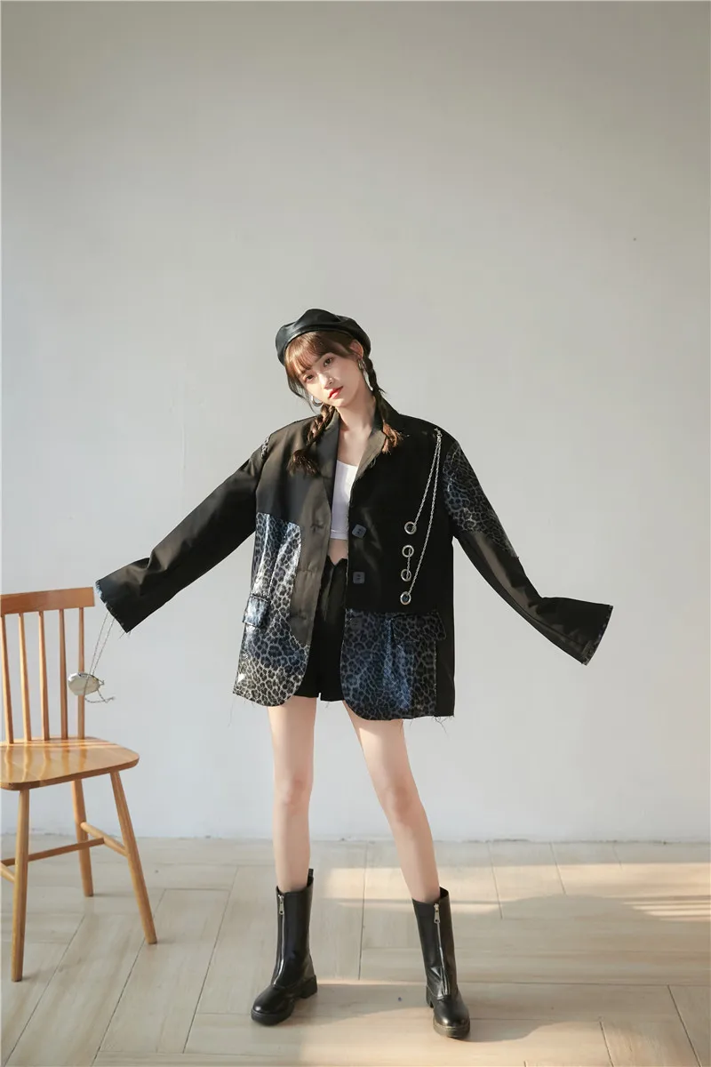 

Leopard Print Leather Patchwork Blazer Key Hole With Chain Oversized Jacket Women 2020 Black Blazer Coat Suit Fashion V481
