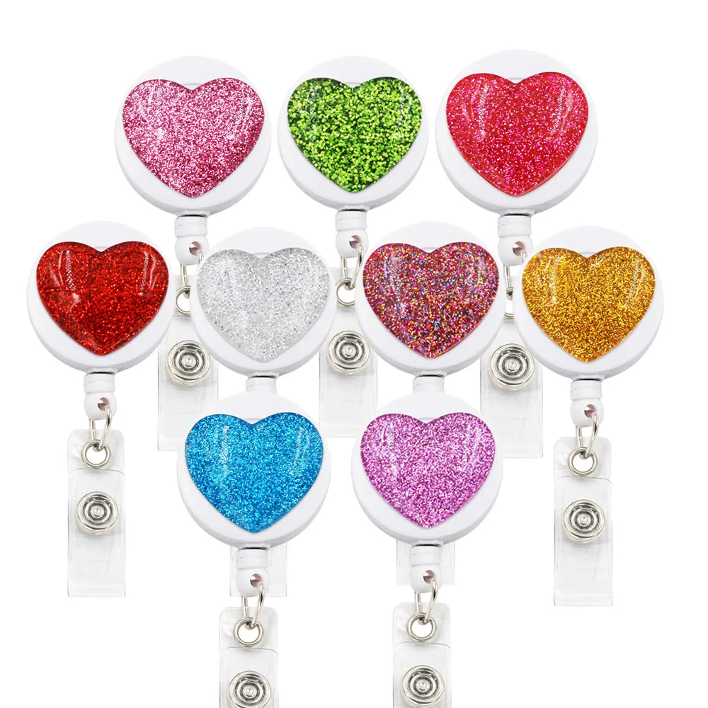 

9pcs Retractable Badge Holder Bling Heart Pull ID Card 3D Badge Holder For Nurse Student Hospital Office
